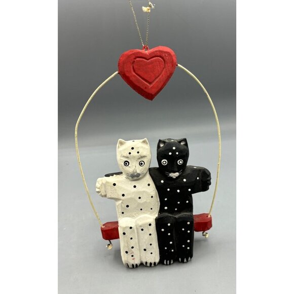 Hand Painted Black White Polka Dot Cat Couple Hanging Swing Heart Wood - Picture 1 of 6